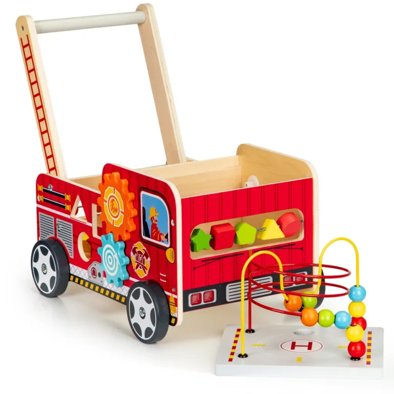 ECOTOYS tologatható fa oktató tűzoltóautó játék mozgatható elemekkel, 46 x 28 x 41,5 cm, színes