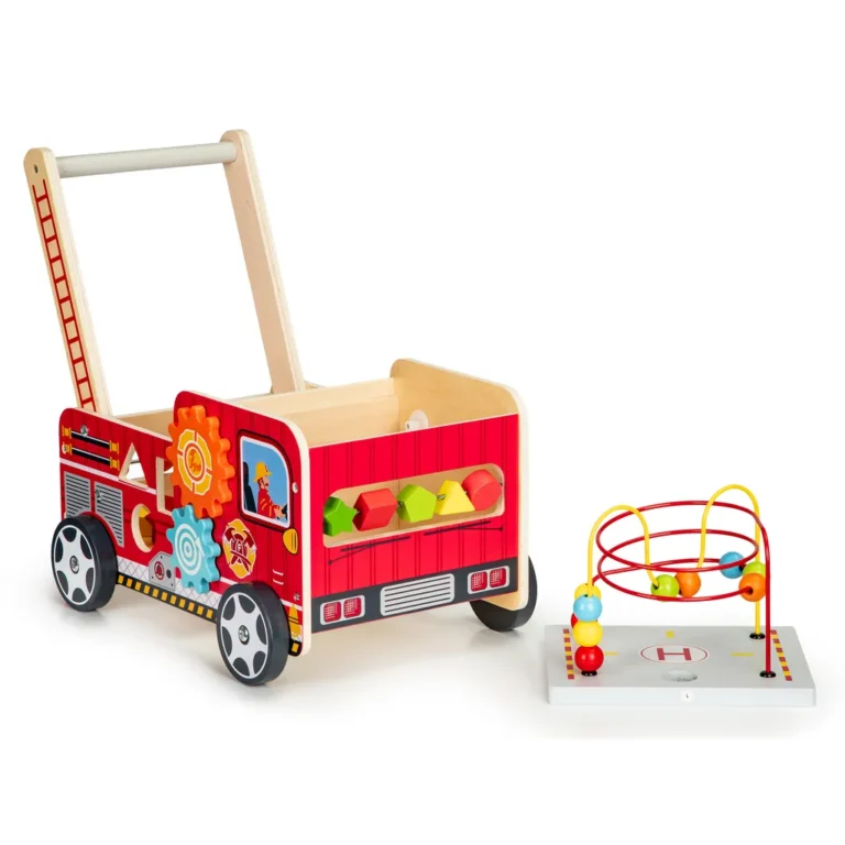 ECOTOYS tologatható fa oktató tűzoltóautó játék mozgatható elemekkel, 46 x 28 x 41,5 cm, színes
