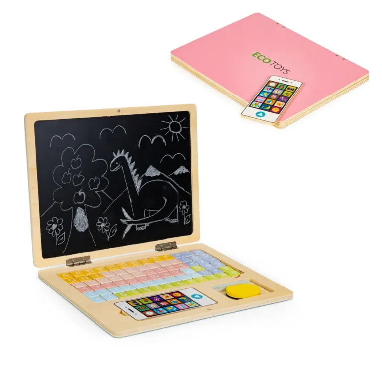 Játék fa laptop és telefon mágneses táblával, betűkkel, 30x22 cm, rózsaszín
