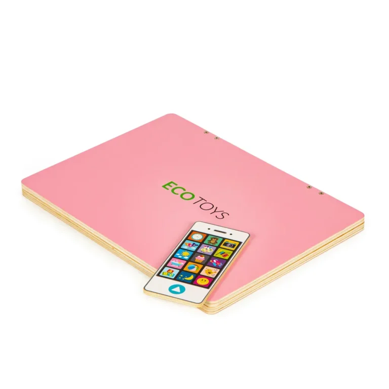 Játék fa laptop és telefon mágneses táblával, betűkkel, 30x22 cm, rózsaszín