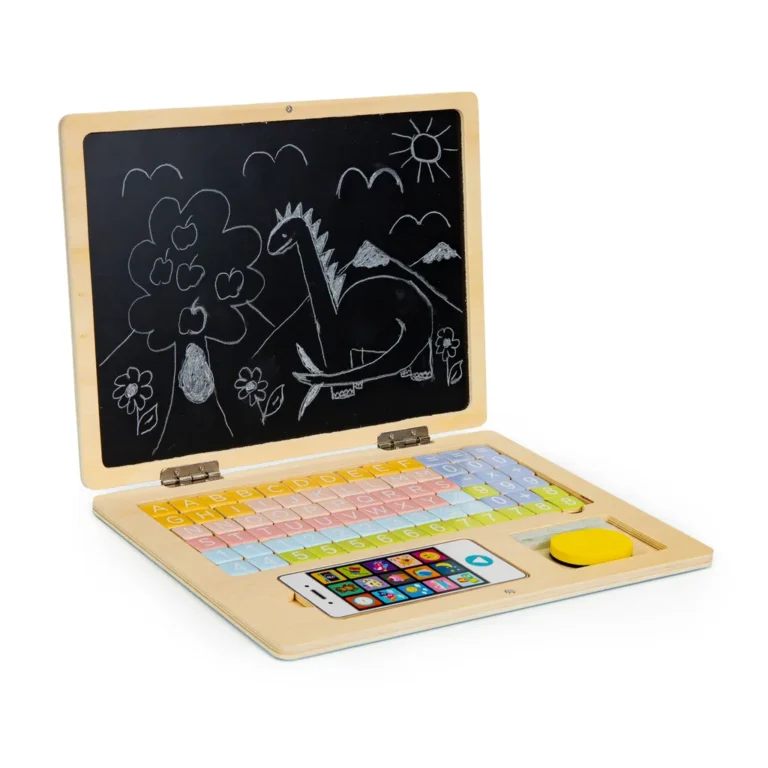 Játék fa laptop és telefon mágneses táblával, betűkkel, 30x22 cm, kék