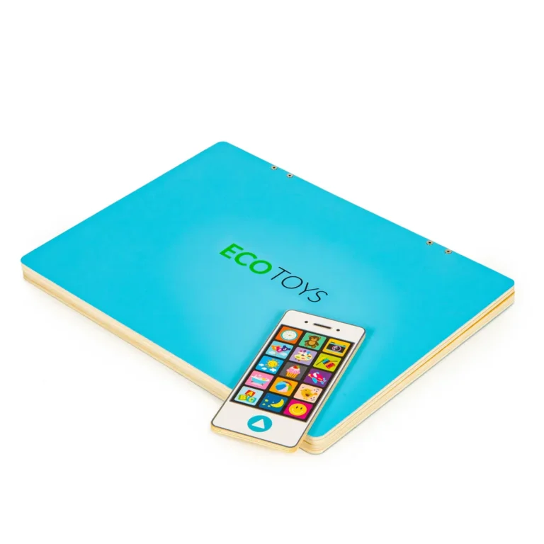 Játék fa laptop és telefon mágneses táblával, betűkkel, 30x22 cm, kék