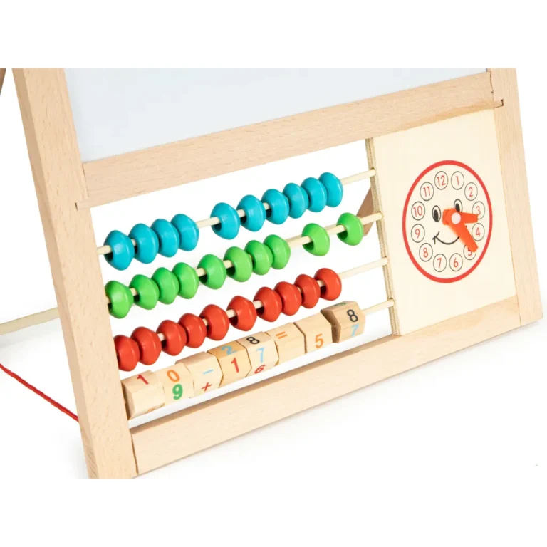 Kétoldalas mágneses krétatábla, fa játéktábla abakusszal, órával, 37×27,7×5,7 cm, fa szín