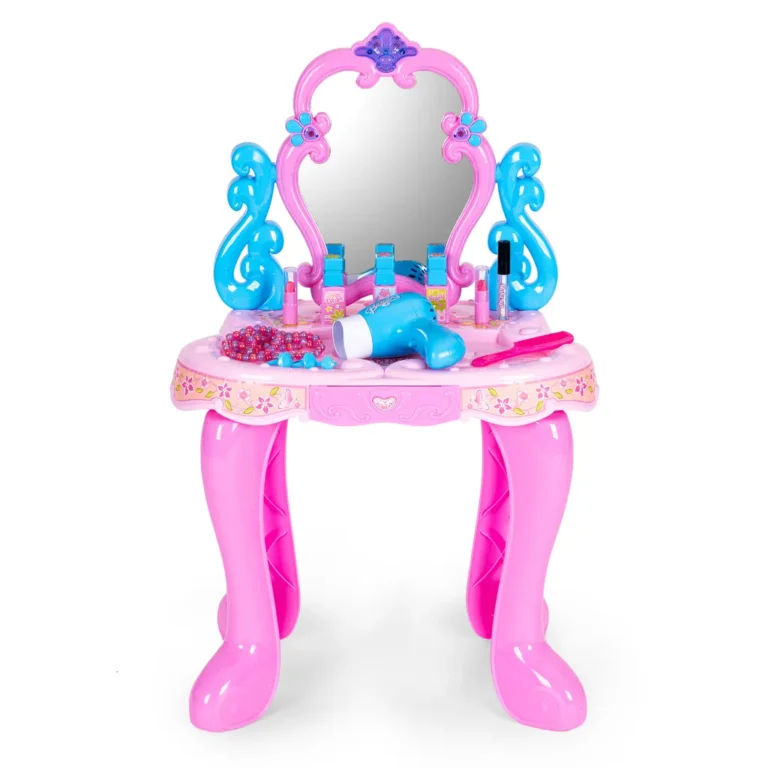 Játék öltözőasztal hajápoló és kozmetikai kiegészítőkkel, tükörrel, rózsaszín-kék, 42x26x36,5 cm