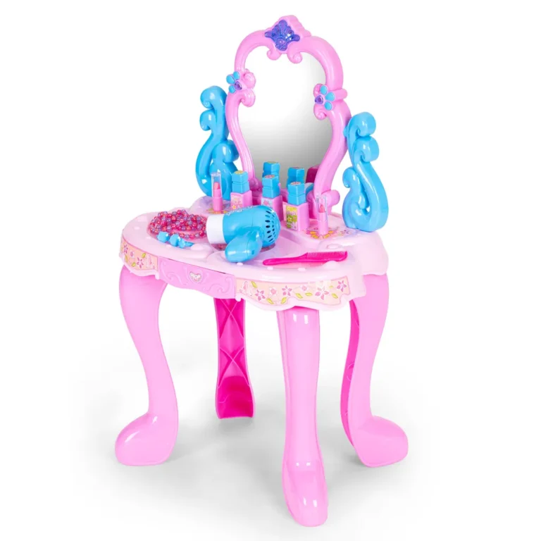 Játék öltözőasztal hajápoló és kozmetikai kiegészítőkkel, tükörrel, rózsaszín-kék, 42x26x36,5 cm
