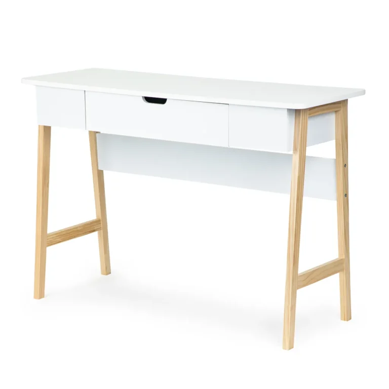 Fiókos fésülködőasztal/íróasztal fenyőfa lábakkal, 74x40x107.5 cm, fehér