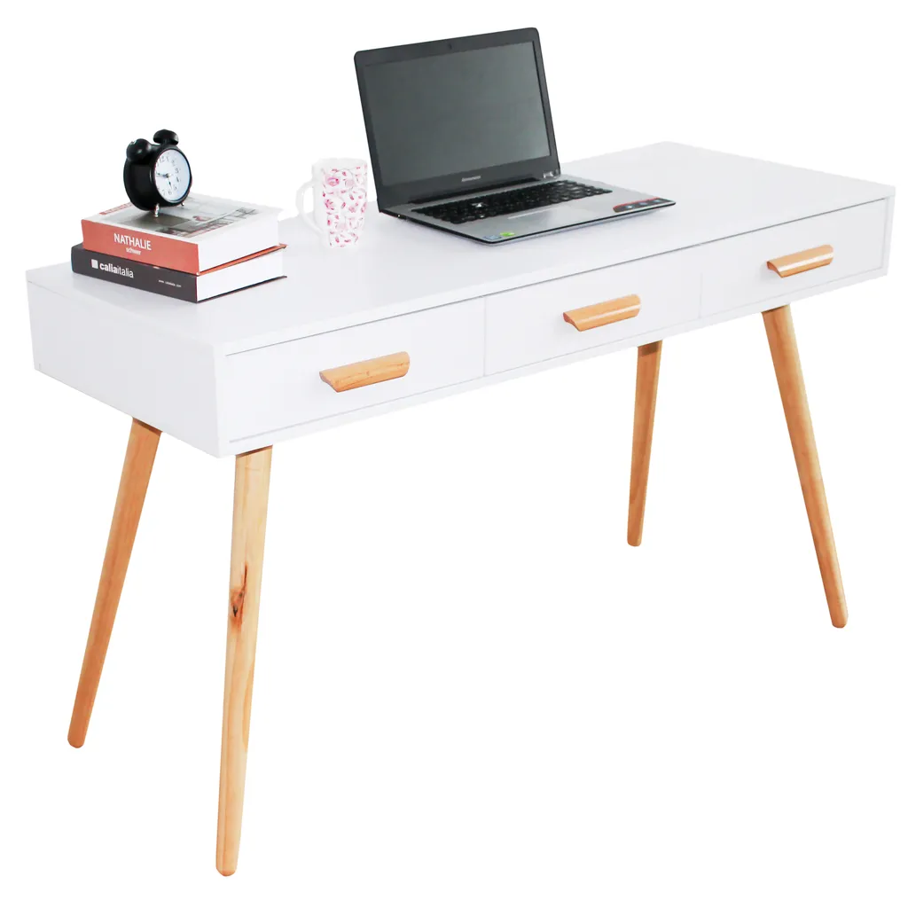 Asztal 3 fiókkal, fehér, laminált forgácslap és fa, modern design, 120x45x75 cm