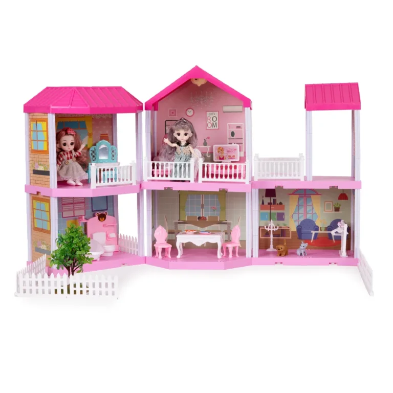Összecsukható babaház bútorokkal, 2 babával, LED fényekkel, 52,5x39,5x68,5 cm, rózsaszín