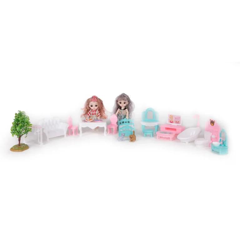 Összecsukható babaház bútorokkal, 2 babával, LED fényekkel, 52,5x39,5x68,5 cm, rózsaszín