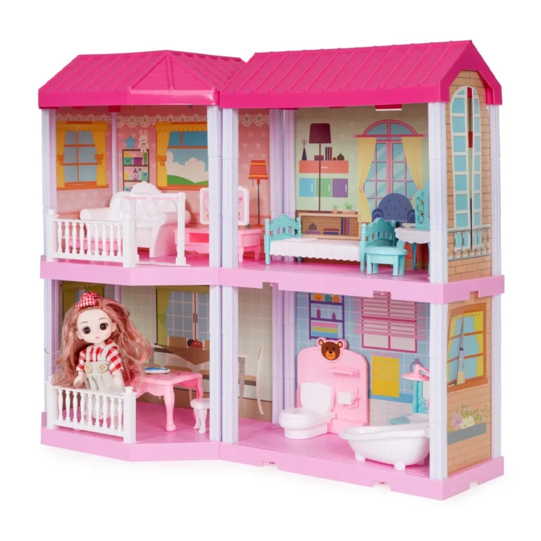 Összecsukható 2 szintes babaház babával, LED-es bútorokkal, 4 szobával, 28.5x21x55 cm, rózsaszín