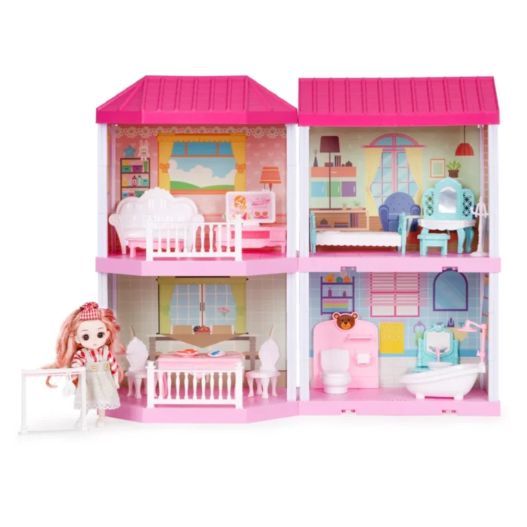 Összecsukható 2 szintes babaház babával, LED-es bútorokkal, 4 szobával, 28.5x21x55 cm, rózsaszín