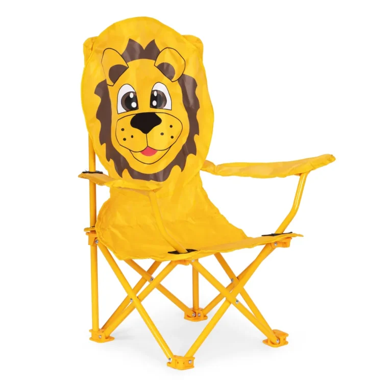 Összecsukható gyermek kemping szék hordozó táskával, oroszlán mintával, sárga
