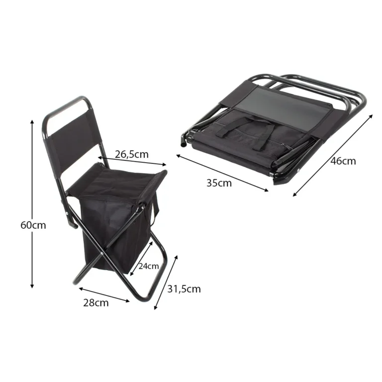Összecsukható horgász- kemping- túra szék hűtőtáskával, háttámlával, 60x31.5cm, fekete