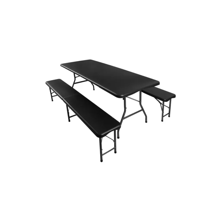 Összecsukható kerti asztal 2 paddal, 180 cm, fekete