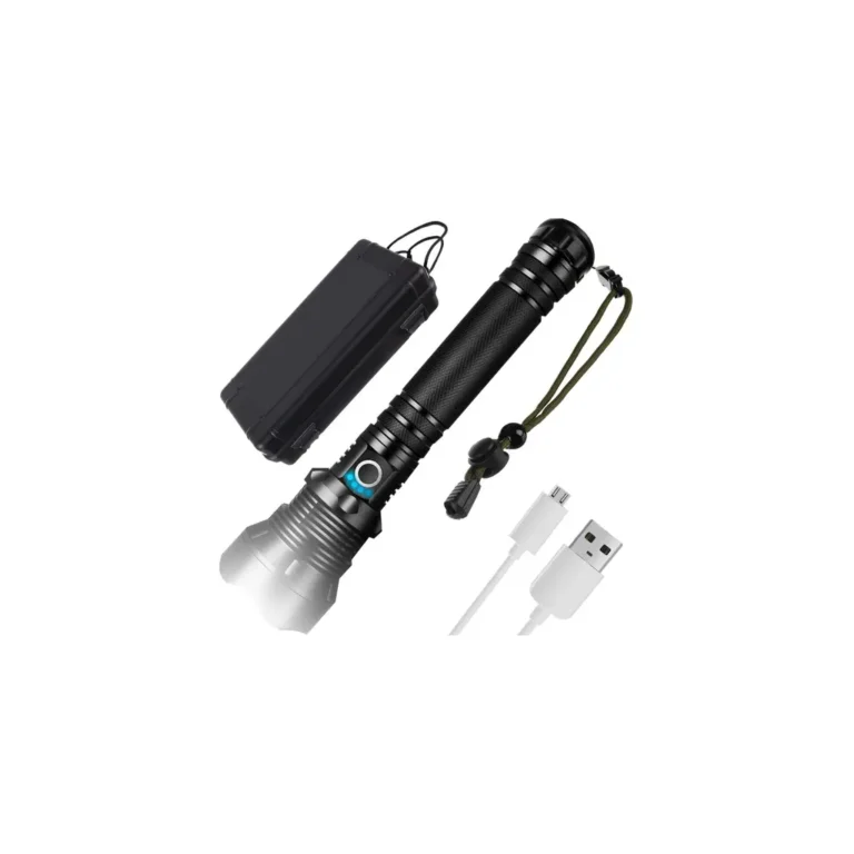 USB Zseblámpa P70 LED-del, 3 világítási móddal tokban, vízálló, 25 x 6 cm, fekete