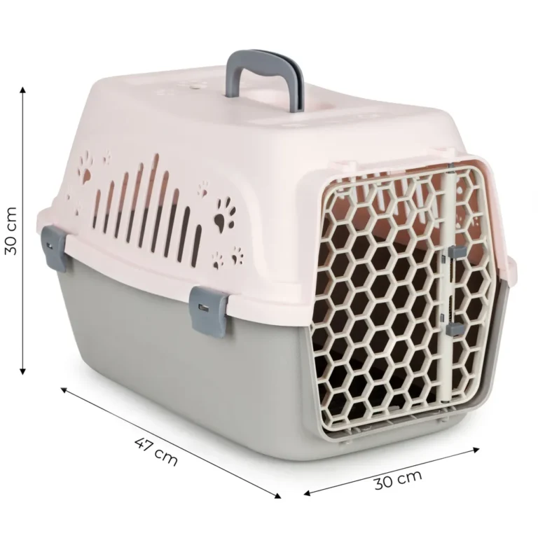Petsi Hordozható kisállatszállító kutyák és macskák számára utazáshoz zárható ajtóval, szellőzőnyílással, max. 12 kg, 30x47x30 cm, rózsaszín