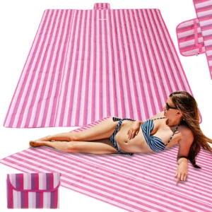 Piknik takaró, strandszőnyeg, rózsaszín csíkos, 200x200 cm