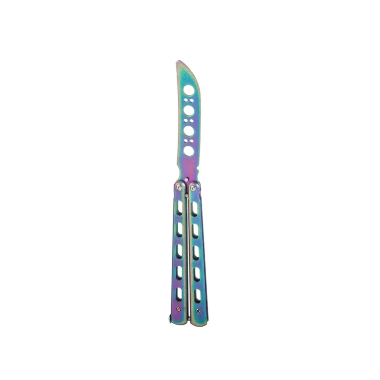 Gyakorló pillangó kés biztonságos, tompa pengével, 24 cm, szivárvány szín