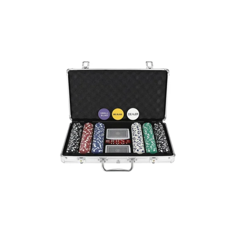 Póker készlet alumínium bőröndben, 300 zseton, 5 kocka, 2 játékkártya-csomag, 39x7x27cm