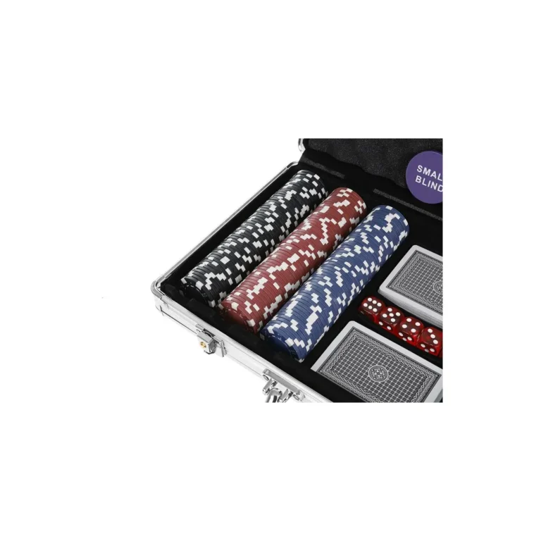 Póker készlet alumínium bőröndben, 300 zseton, 5 kocka, 2 játékkártya-csomag, 39x7x27cm