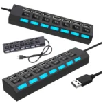 7 portos USB 2.0 elosztó, 16,5x3,5x2,1 cm, fekete