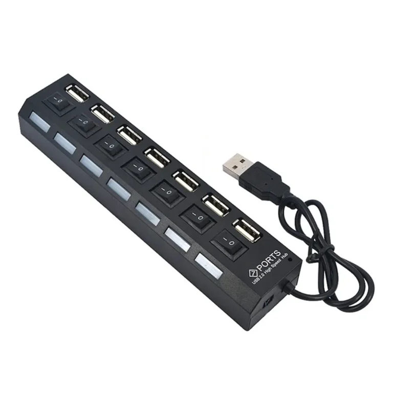 7 portos USB 2.0 elosztó, 16,5x3,5x2,1 cm, fekete