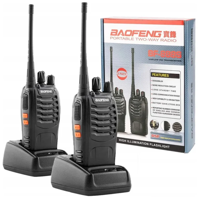 Rövidhullámú 2x baofeng walkie talkie 1500mAh-s akkumulátorral, LED kijelzővel, kiegészítőkkel, 1 ~ 10 km, fekete