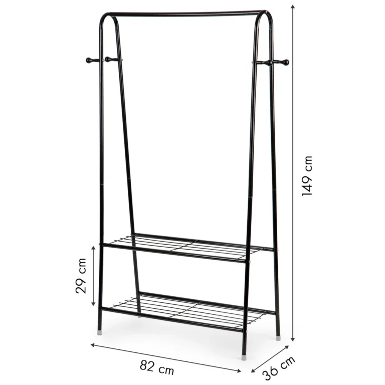 Álló ruhafogas 4 akasztóval akasztósínnel, 2 cipőspolccal, fém, fekete, 149x82x36 cm