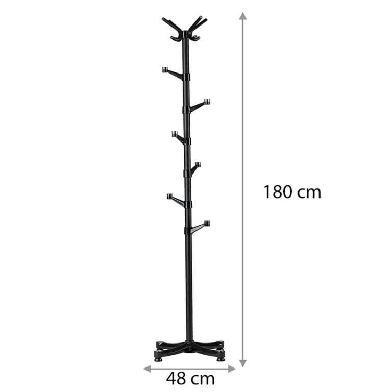 Álló ruhafogas 14 akasztóval, fekete, fém, 180x48 cm