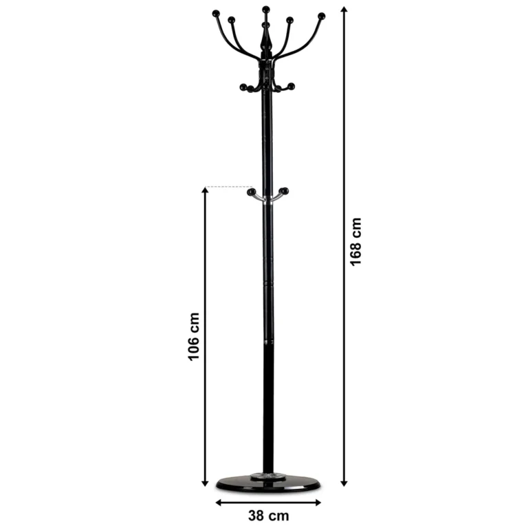 Álló ruhafogas 14 akasztóval, fekete, fém, 186x38 cm
