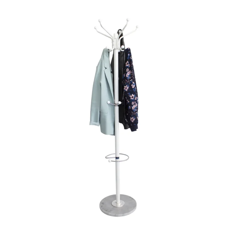 Álló ruhafogas 14 akasztóval, esernyőtartóval, fehér, fém, 174x38 cm