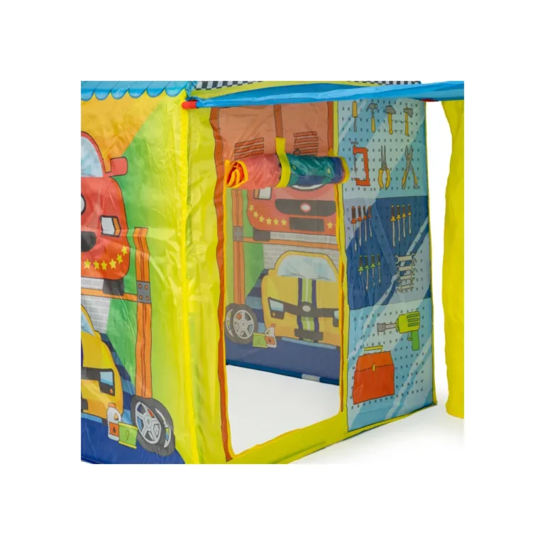 Autószerelő műhely, játék szervíz sátor gyerekeknek színes grafikával, 150x75x110cm
