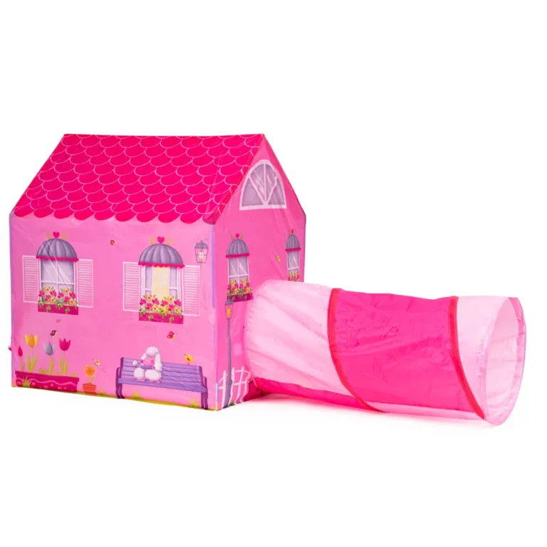 Lányos játszósátor, rózsaszín ház mintával, alagúttal, 96x73x102 cm
