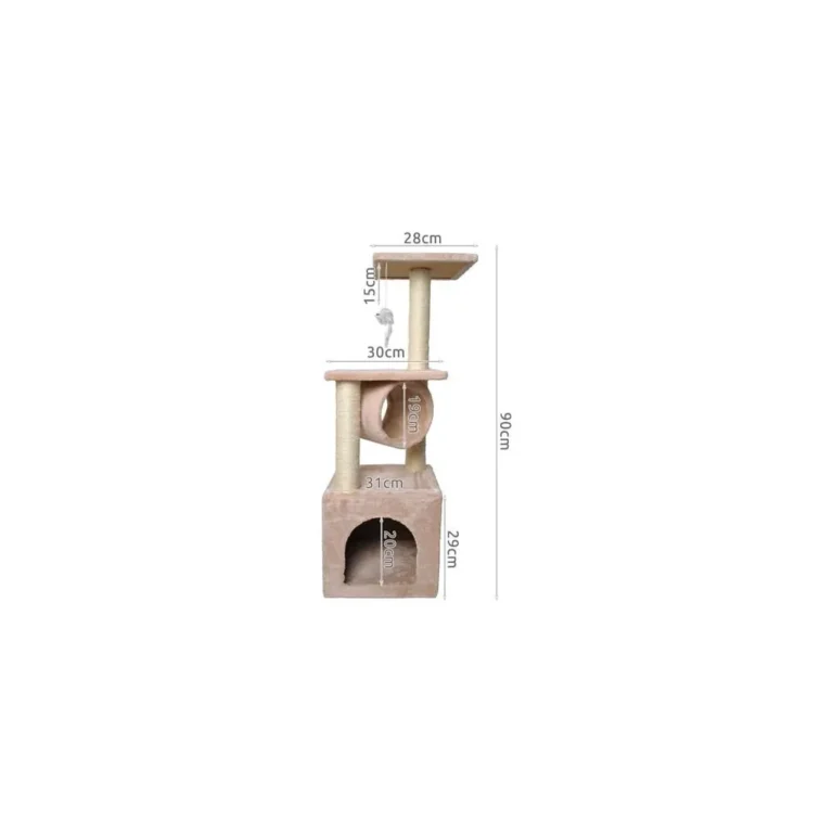 Játéktorony macskáknak sisal kötérúddal, házzal, alagúttal, 3 szint, 90 cm, bézs