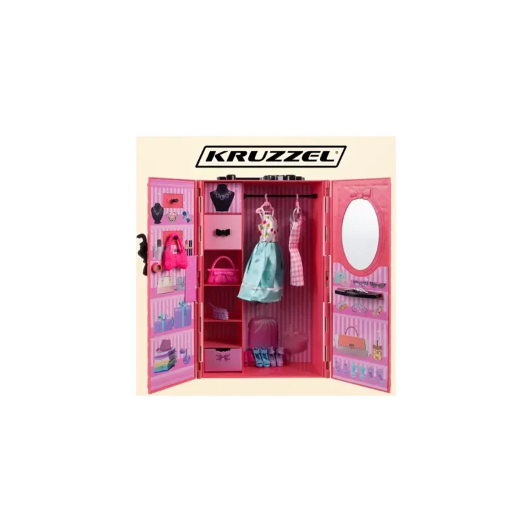 Kruzzel ruhásszekrény játékbabáknak, rózsaszín, 34x19x7 cm