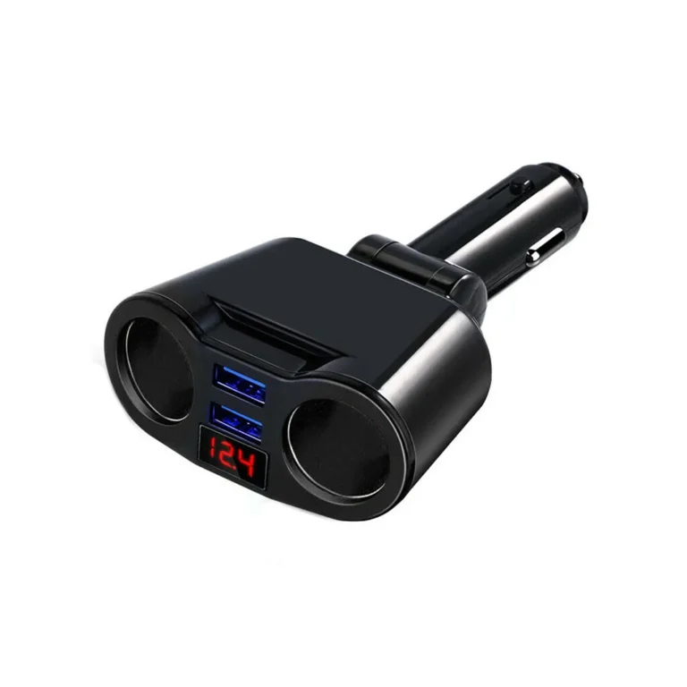 Autós szivargyújtó elosztó 2 db USB porttal, kék LED, 13x3,5 cm