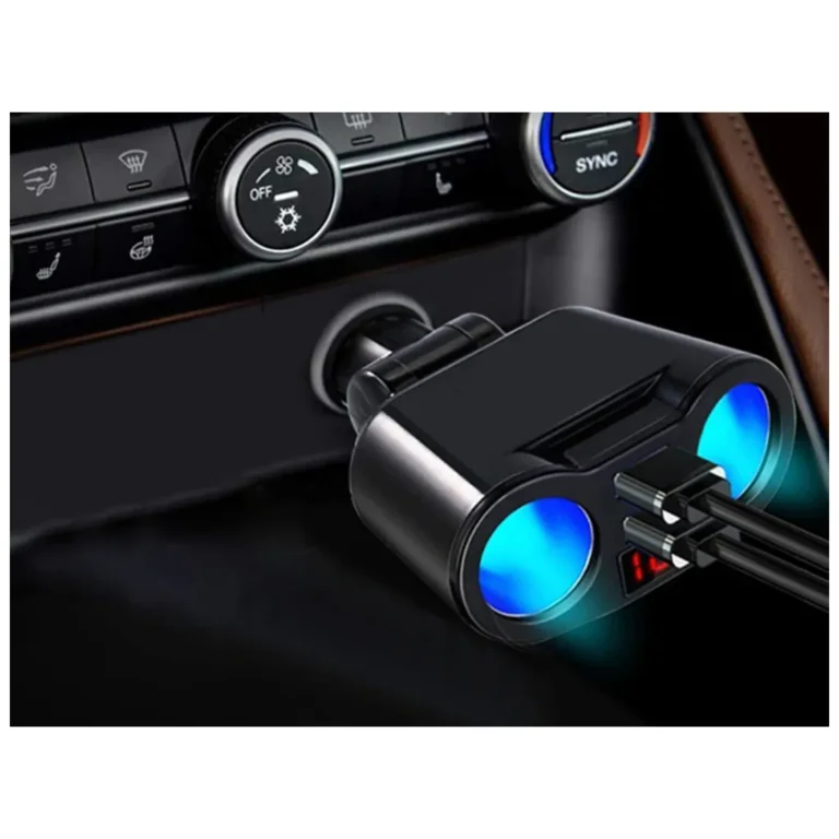 Autós szivargyújtó elosztó 2 db USB porttal, kék LED, 13x3,5 cm