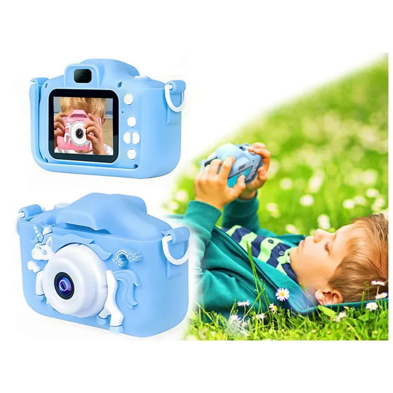 Multifunkcionális digitális fényképezőgép gyerekeknek unikornis mintával, akkumulátorral, 9cm x 6cm x 5cm, kék