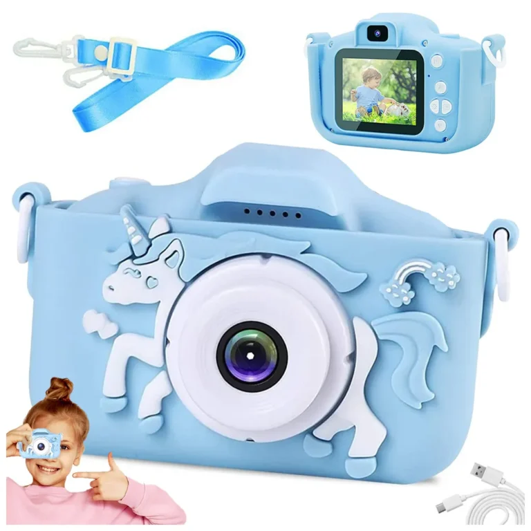 Multifunkcionális digitális fényképezőgép gyerekeknek unikornis mintával, akkumulátorral, 9cm x 6cm x 5cm, kék