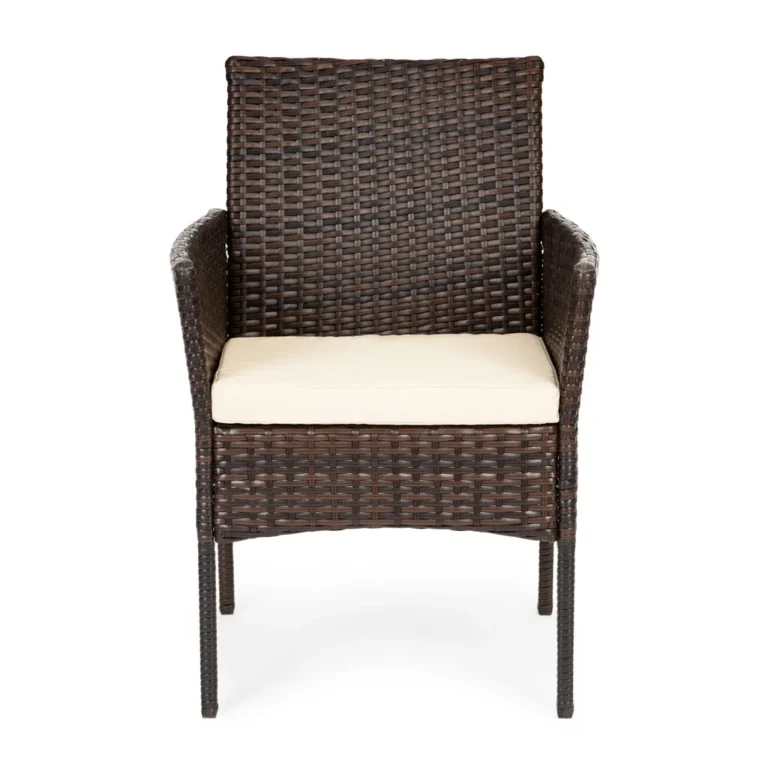 5 részes rattan kerti bútor szett 4 stílusos székkel és üveg asztallal (90×73 cm), kényelmes bézs színű pérnékkal, fém vázas konstrukció, barna