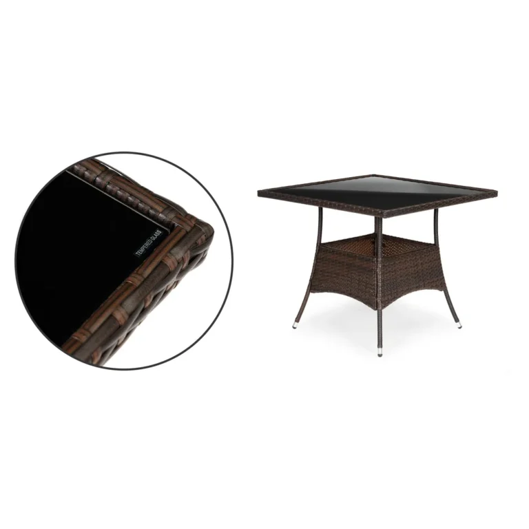 5 részes rattan kerti bútor szett 4 stílusos székkel és üveg asztallal (90x90x74 cm), kényelmes bézs színű pérnékkal, fém vázas konstrukció, barna