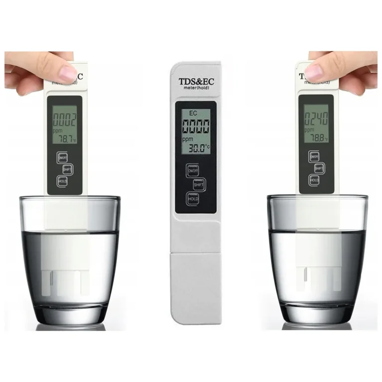 Vízkeménységmérő, tesztelő LCD kijelzővel, tokkal, tds ec ozmózis temp 0,1-80°C, fehér