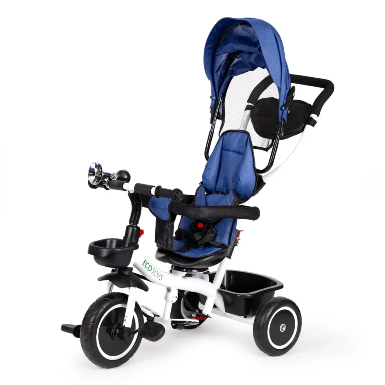 Tolható baba tricikli 360°-ban forgatható üléssel, tárolóval, nappellenzővel, kék