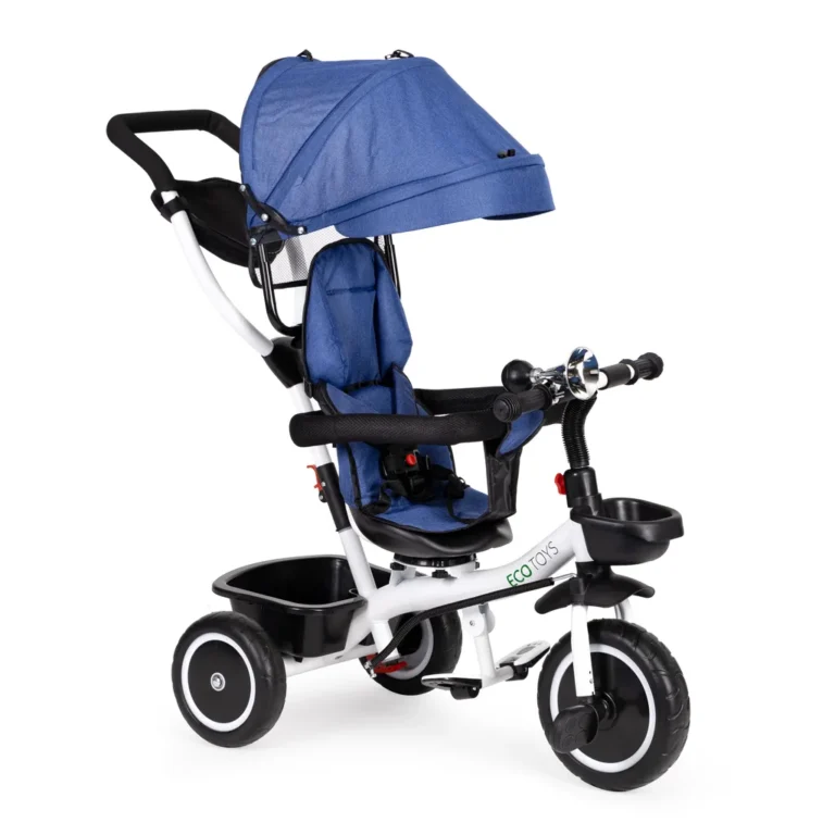 Tolható baba tricikli 360°-ban forgatható üléssel, tárolóval, nappellenzővel, kék