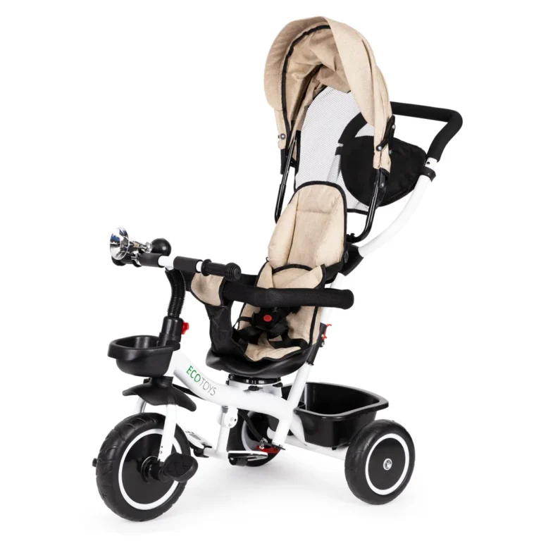 Tolható baba tricikli 360°-ban forgatható üléssel, tárolóval, nappellenzővel, bézs