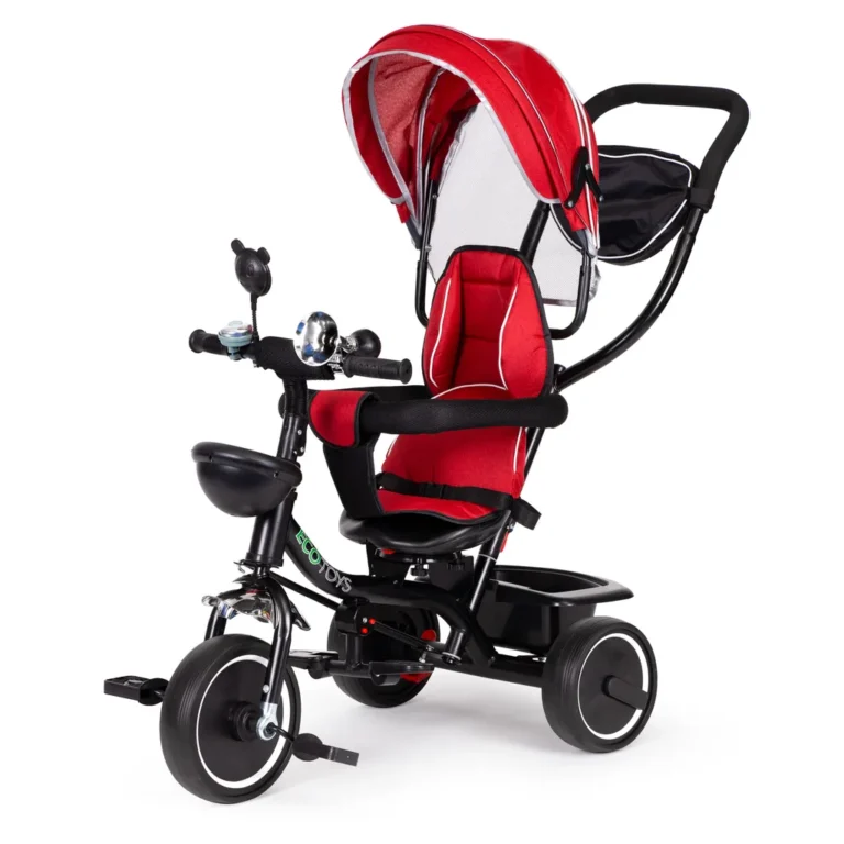 Tolható baba tricikli 360°-ban forgatható üléssel, tárolóval, nappellenzővel, piros