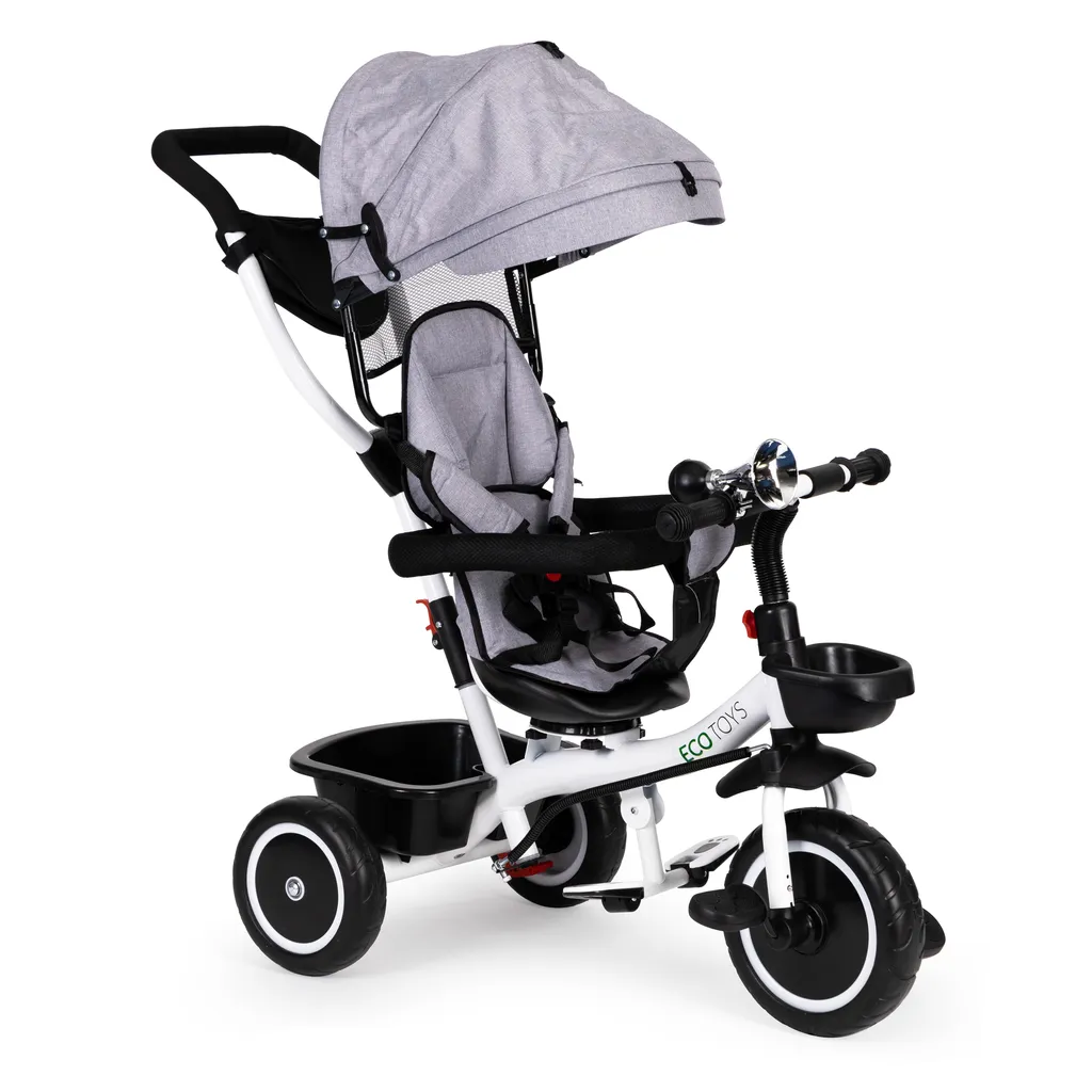 Tolható baba tricikli 360°-ban forgatható üléssel, tárolóval, nappellenzővel, szürke