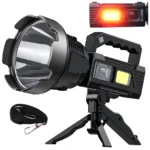 Kézi reflektor CREE XHP90 LED és COB, vészfénnyel, powerbankfunkcióval, állvánnyal, USB töltés, fekete