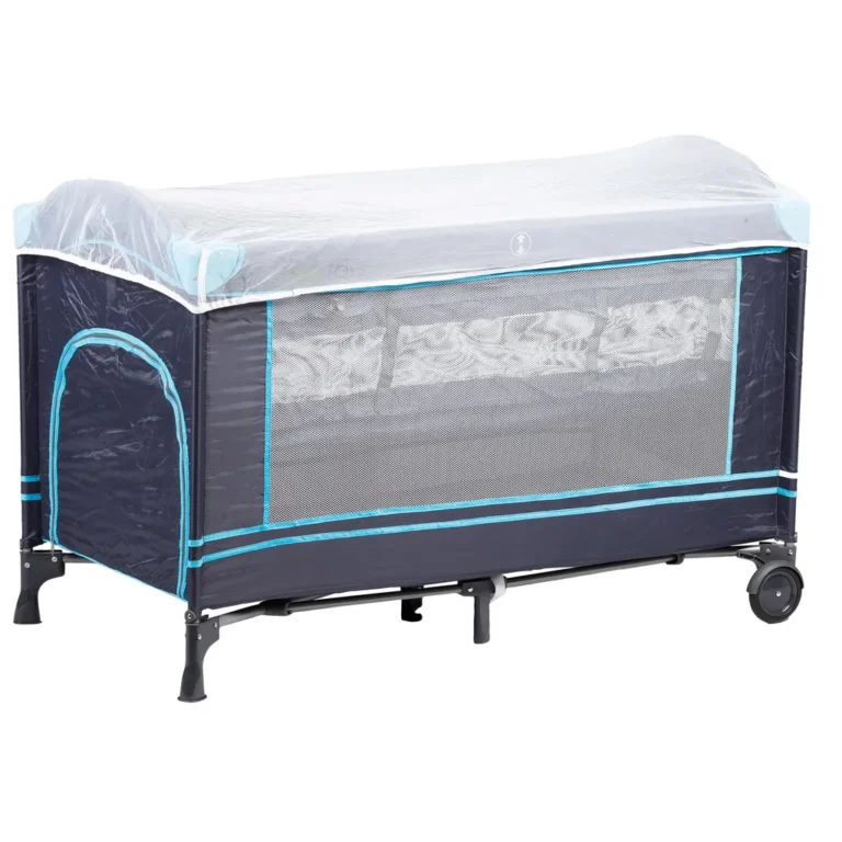 Összecsukható utazó babaágy szúnyoghálóval, tárolóval, kerekekkel, 126x66x84 cm, kék