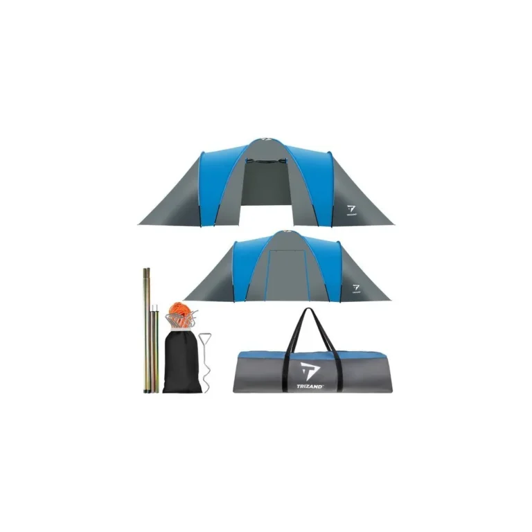 2 hálóteres kemping sátor előtérrel, max. 6 fő, 570/200/210 cm, kék-szürke